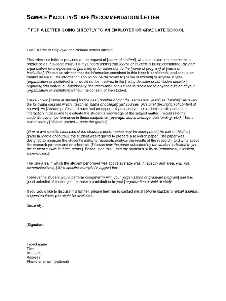 Sample Of Recommendation Letter For Graduate Student