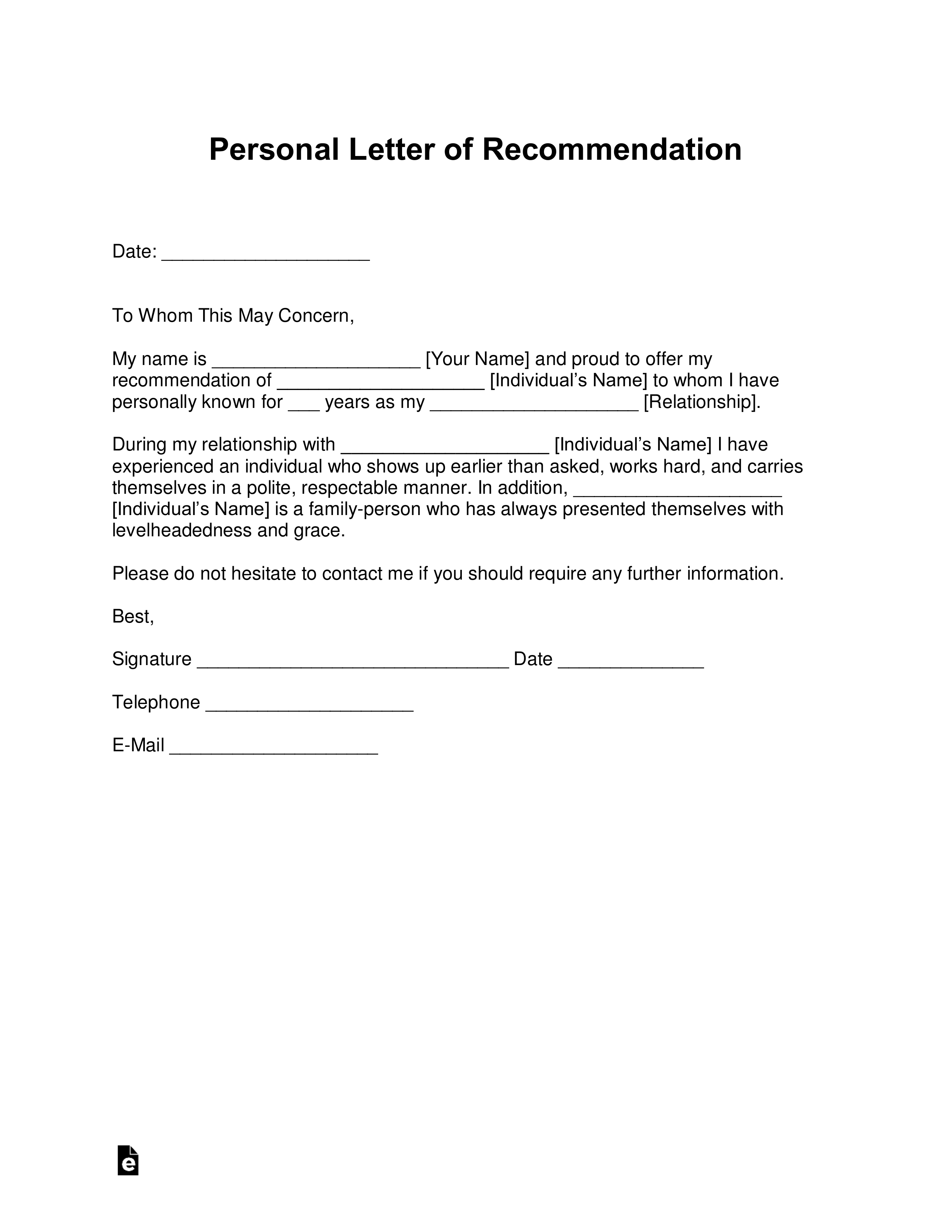 Personal Letter Of Recommendation For A Job