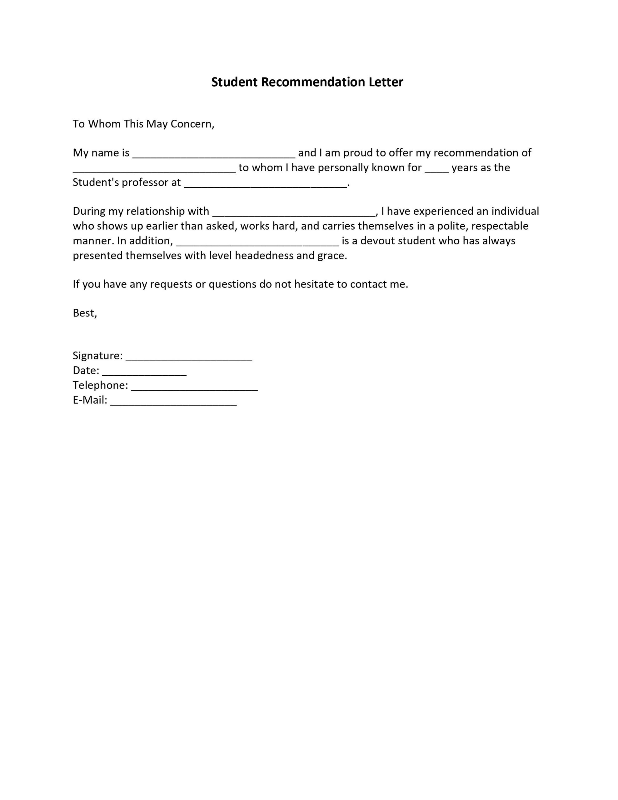 Template For Student Recommendation Letter