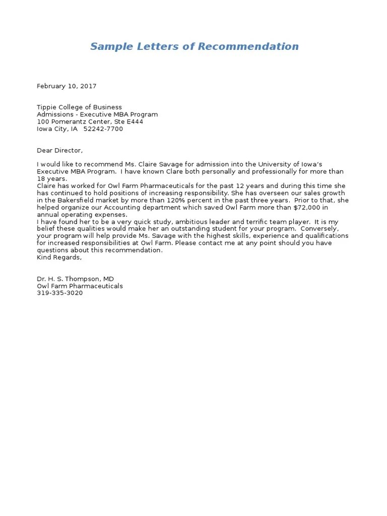 Recommendation Letter For Mba Admission