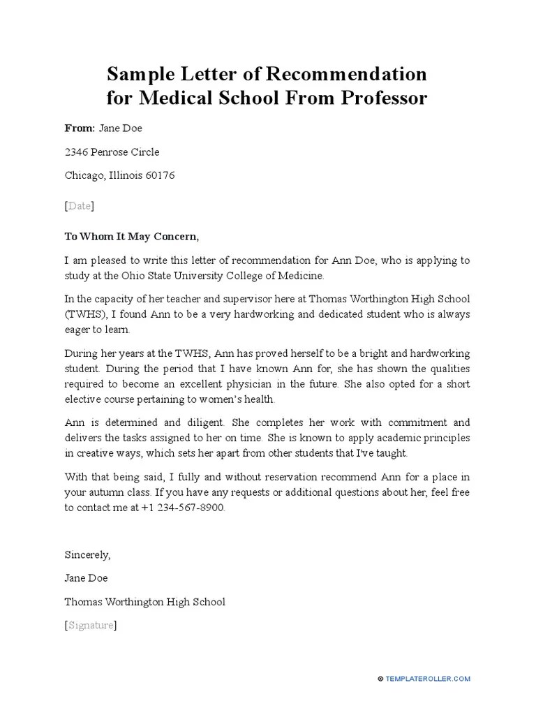 Letter Of Recommendation For Student From Professor Sample
