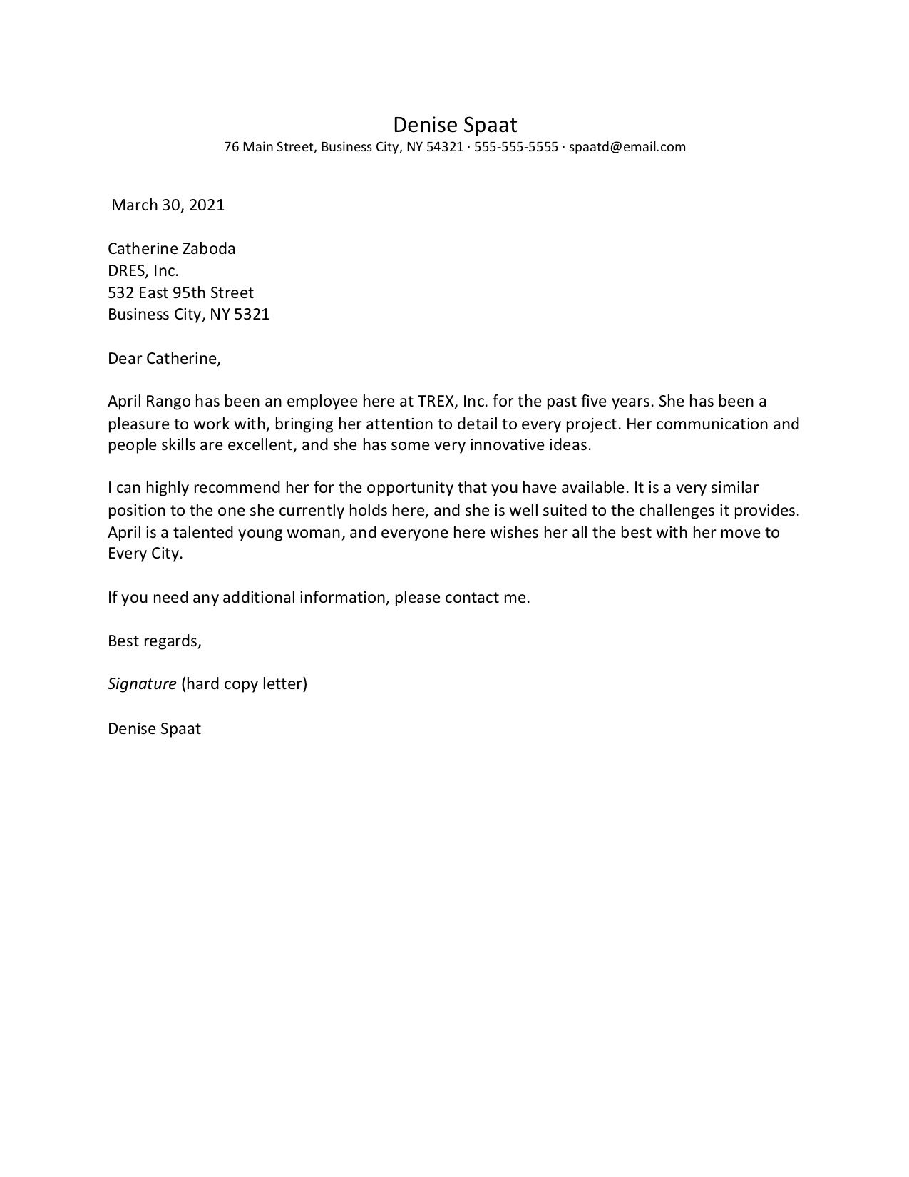 Letter Of Recommendation Template For Employee