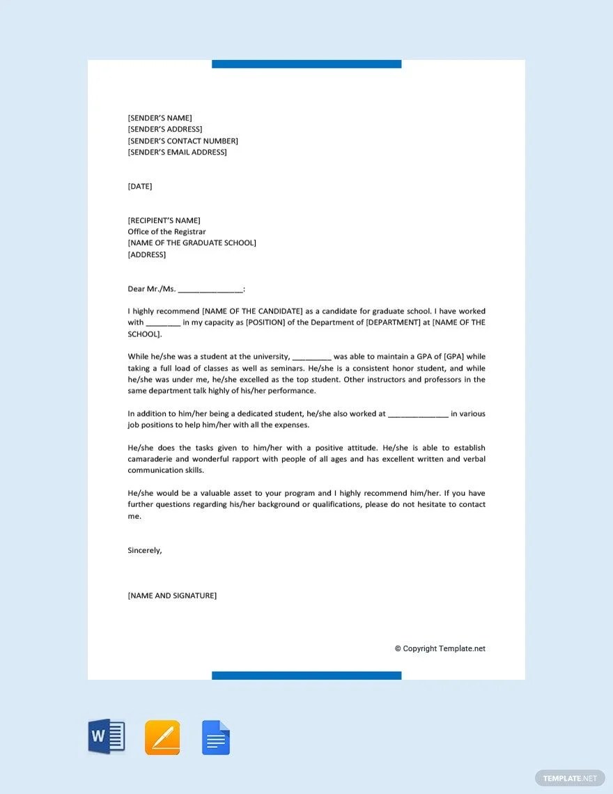 Recommendation Letter Template For Graduate Student