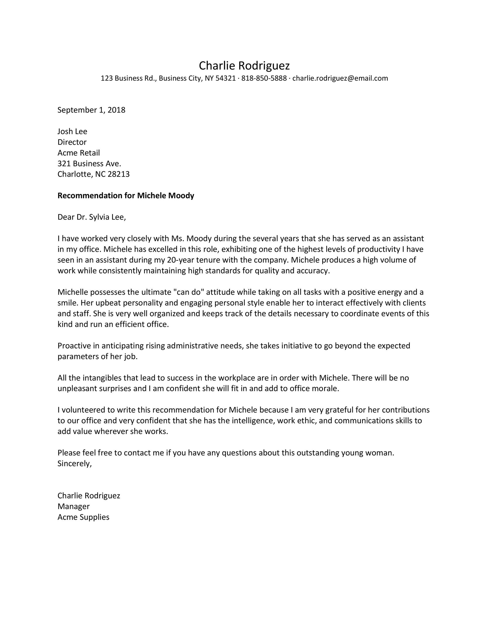 Recommendation Letter To An Employee