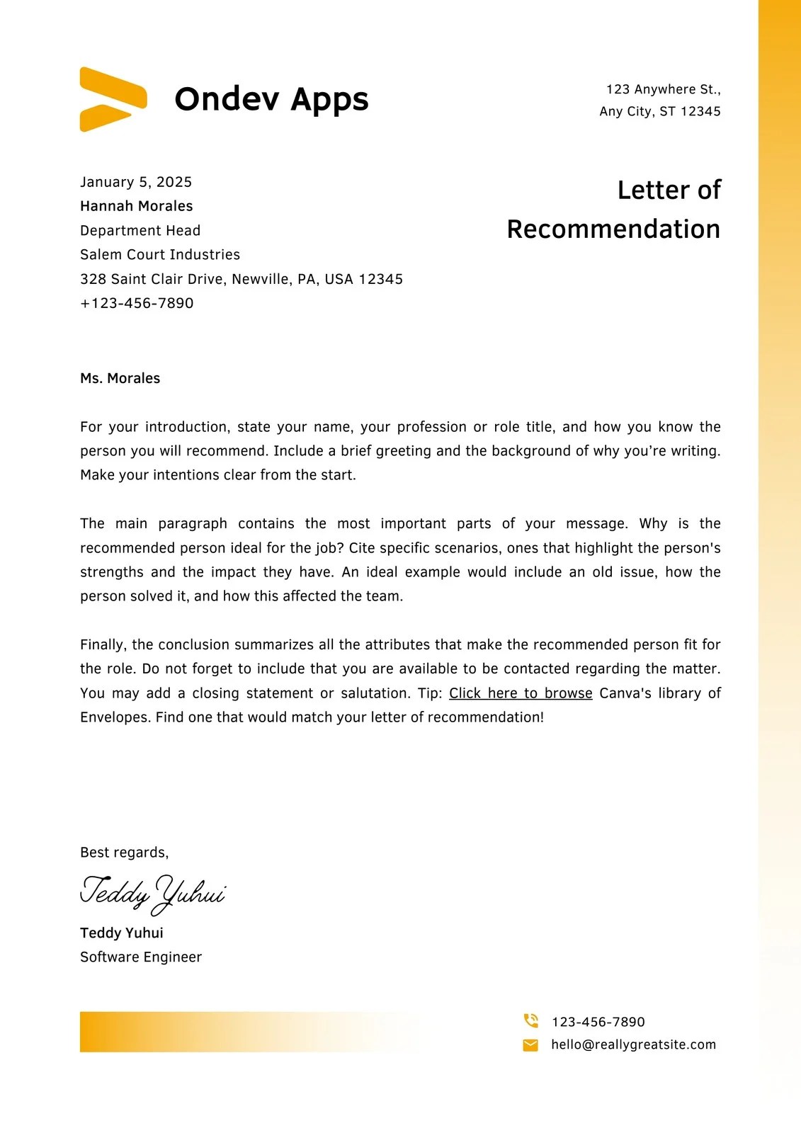 Letter Of Recommendation Email Template
