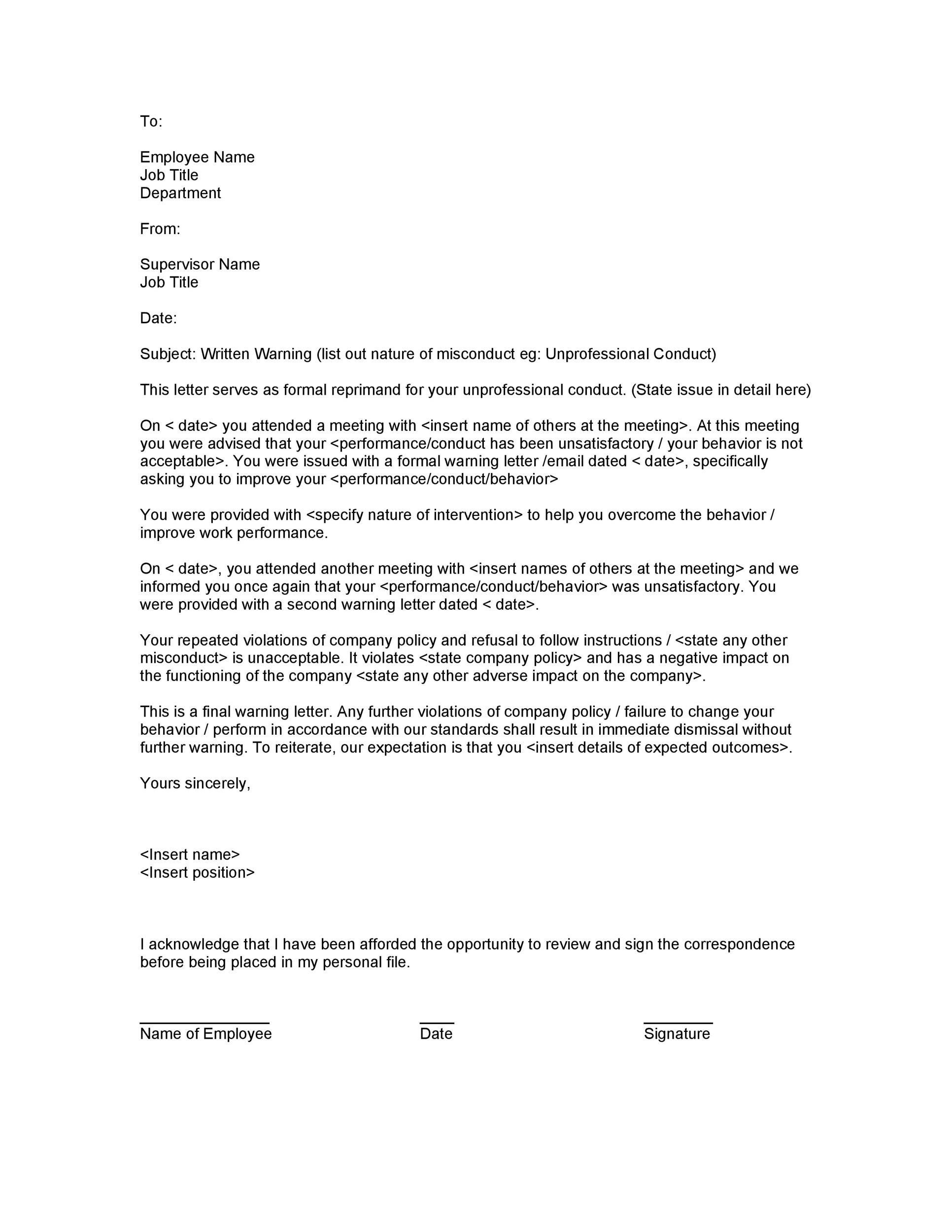 Warning Letter To Employee On Poor Performance