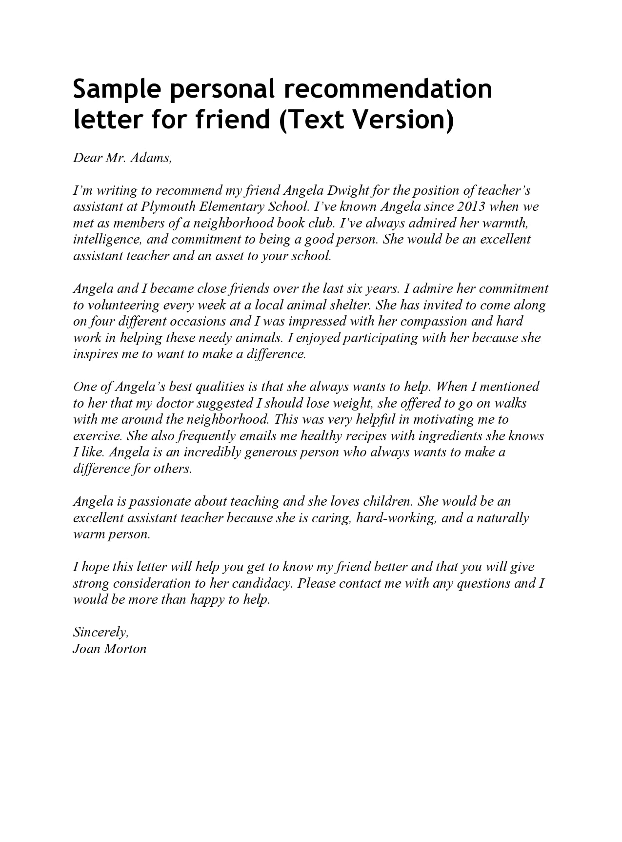 Job Recommendation Letter Sample For A Friend