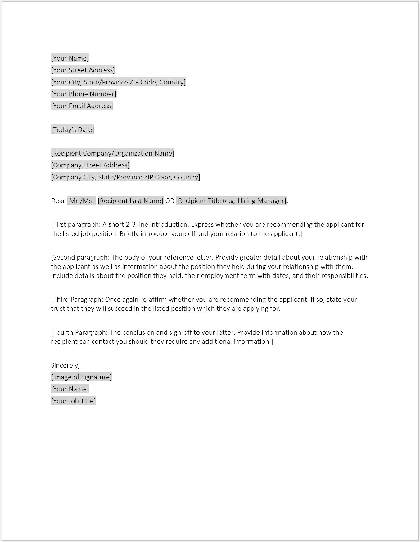 Template For Personal Letter Of Recommendation