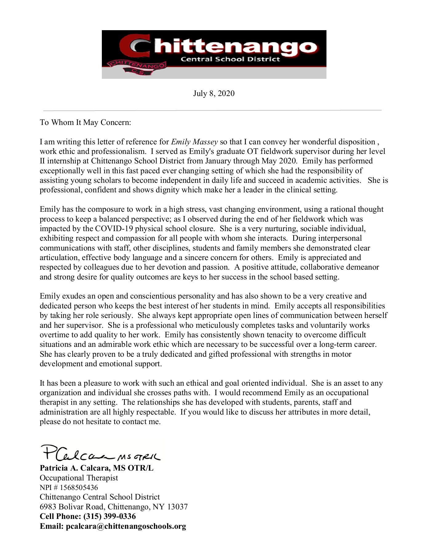 Letter Of Recommendation For Occupational Therapy Student